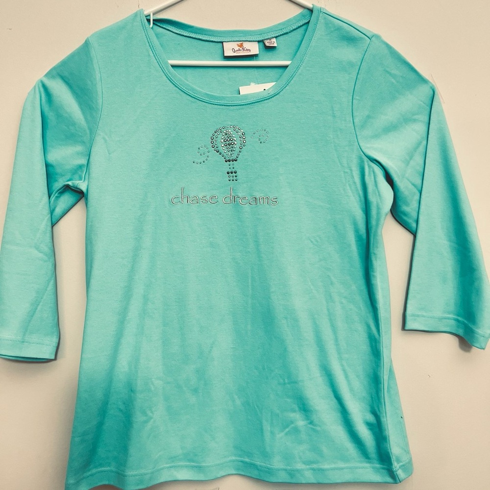 Quacker Factory Turquoise Long Sleeve Tee with Rhinestone Hot Air Balloon